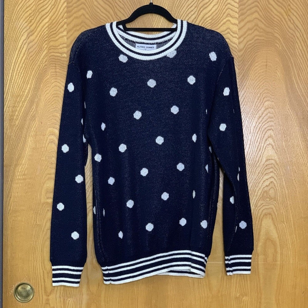 Alfred Dunner Knit Sweater Blue Size Large All Over Polka Dot Print Pullover USA